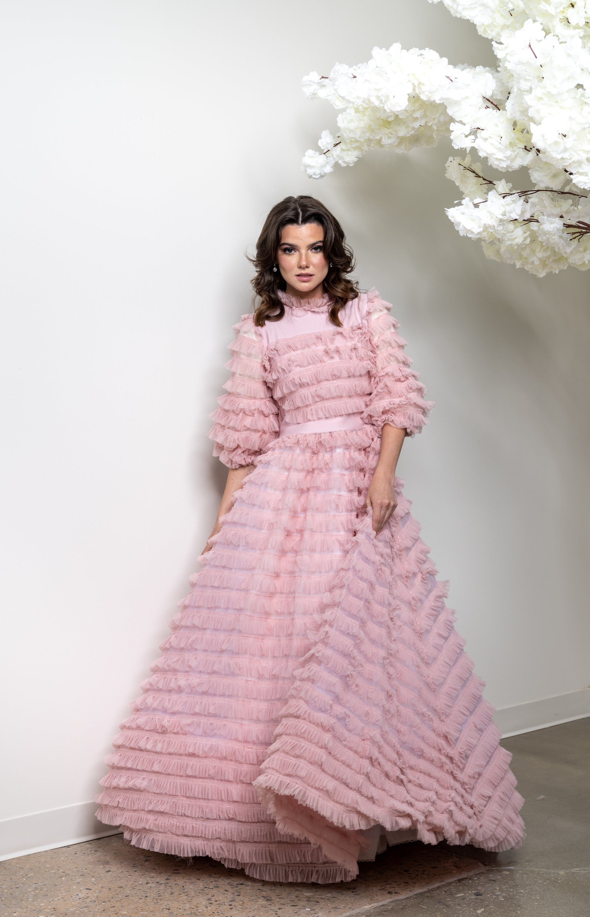 Blush Pink Lace Overlay Dress With Tulle Skirt And Mid-length Sleeves - Le  Parole
